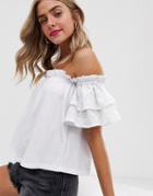 Asos Design Bardot Top With Broidery Sleeve-white