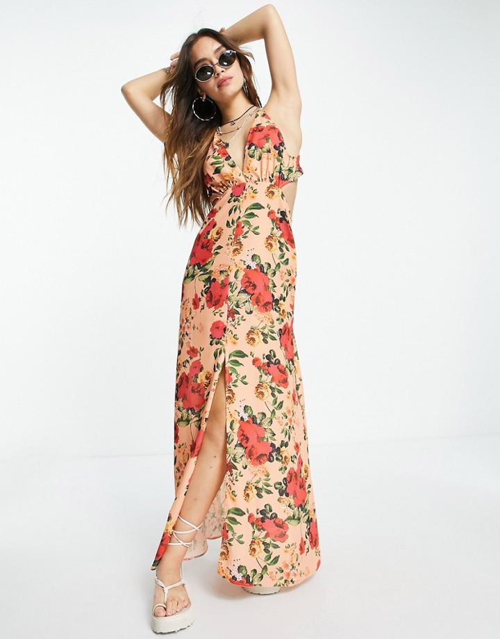 Asos Design Deep V Wrap Back Strappy Maxi Sundress In Rose Print-pink