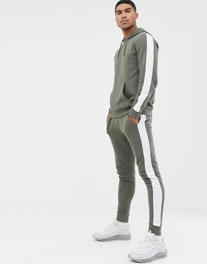 Asos Design Tracksuit Hoodie/skinny Sweatpants With Side Stripe In Khaki-green