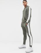 Asos Design Tracksuit Hoodie/skinny Sweatpants With Side Stripe In Khaki-green