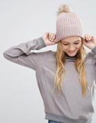 Asos Rib Beanie With Oversized Natural Faux Fur Pom - Pink