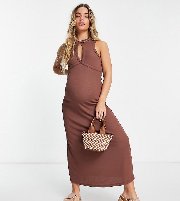 Asos Design Maternity Ribbed Sleeveless Midi Dress With Keyhole Detail In Chocolate-brown