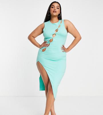 Simmi Plus Cut Out Detail Asymmetric Thigh Slit Midi Dress In Turquoise-green