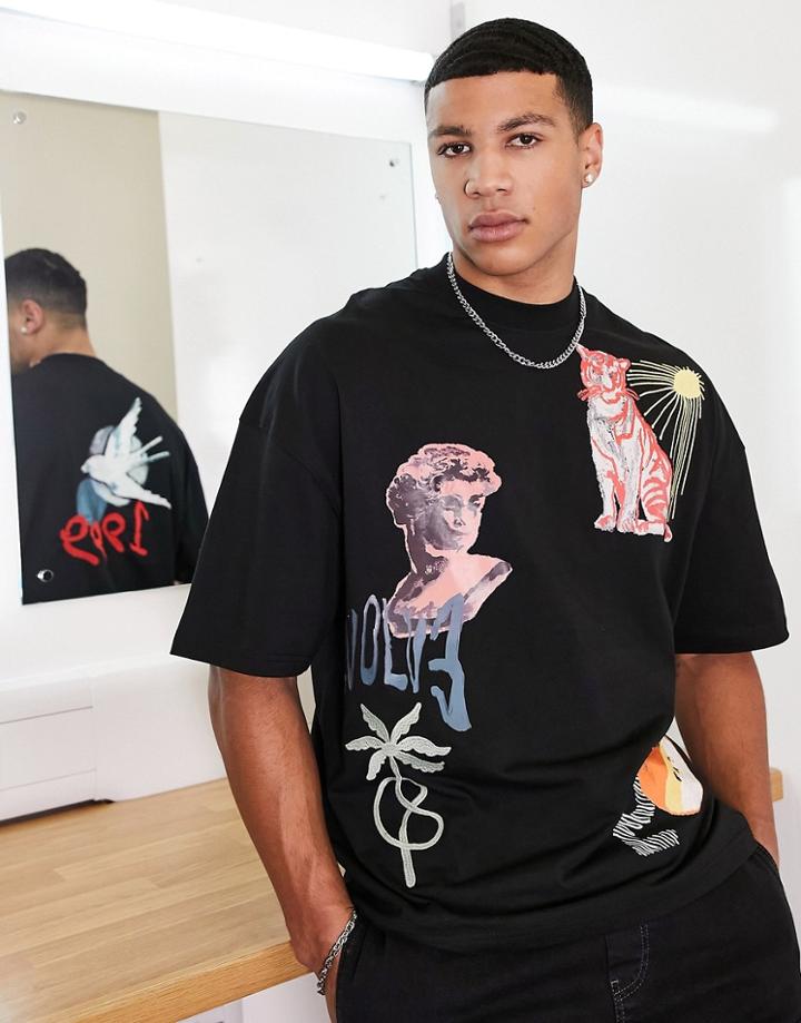 Topman Extreme Oversized T-shirt With Sparrow Print In Black