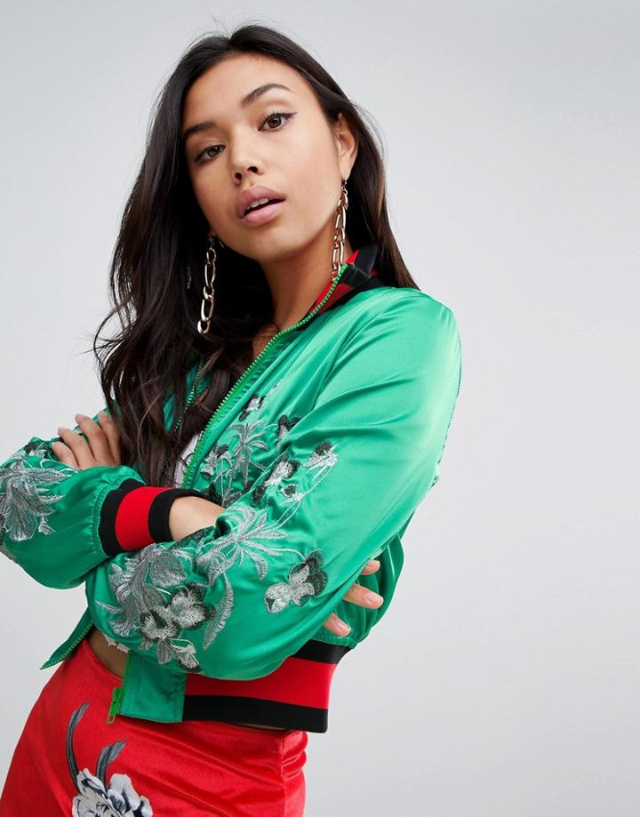 Missguided Satin Embroidered Jacket - Green