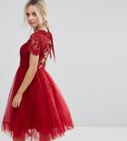 Chi Chi London Petite Midi Tulle Dress With Lace Up Back - Red