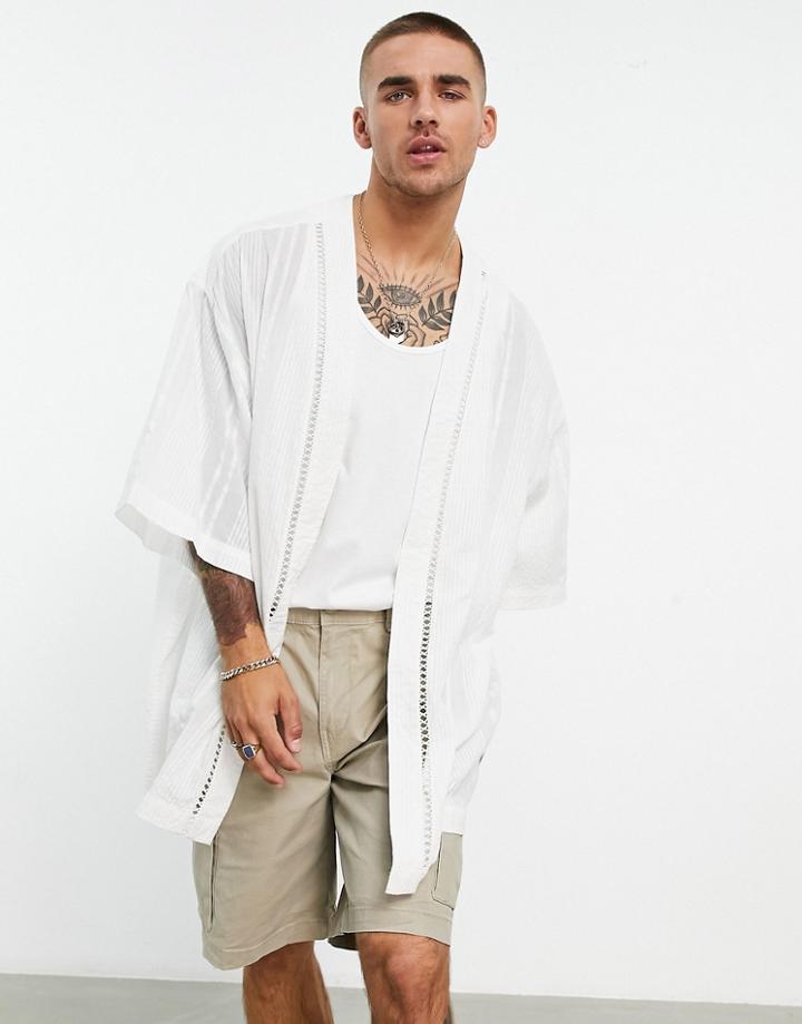 Asos Design Kimono In Textured Cotton Stripe-white
