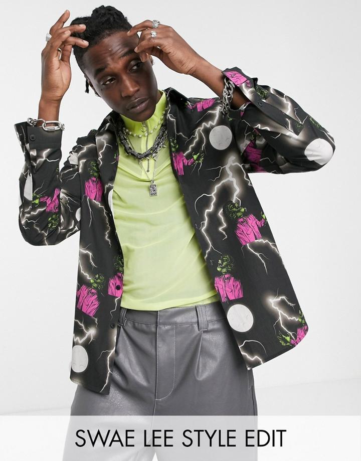 Asos Design Monsters Halloween Regular Fit Shirt In Wolfman Print