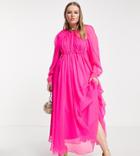 Asos Edition Curve Midi Dress With Ruched Detail In Bright Pink