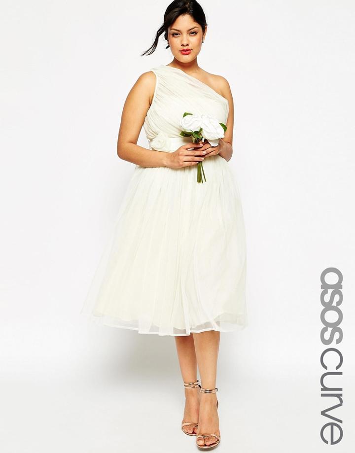 Asos Curve Wedding Mesh Midi Dress With One Shoulder & Corsage - Black