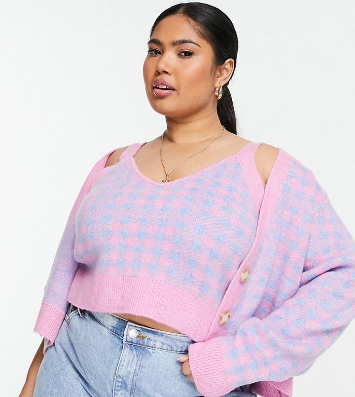 Vila Curve Knitted Cardigan In Bright Check - Part Of A Set-purple