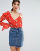 Asos One Shoulder Ruffle Blouse In Bright Floral - Orange