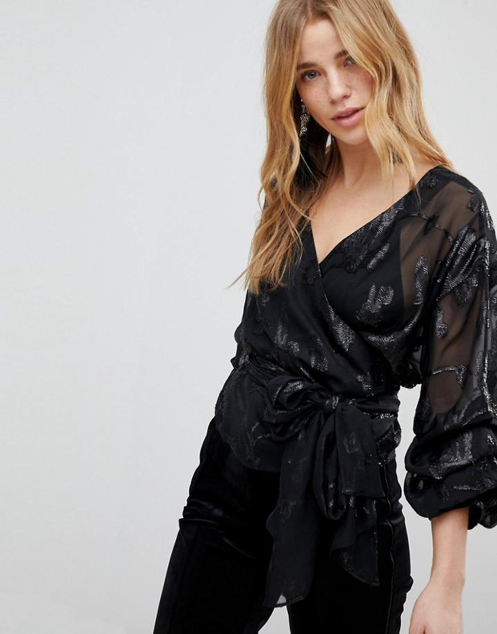New Look Sheer Wrap Around Floral Top - Black