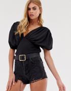 Asos Design V Neck Top With Gathered Sleeve Detail - Black