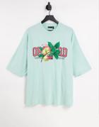 Asos Design Oversized T-shirt In Light Blue With Fruit & Collegiate Text Print-blues