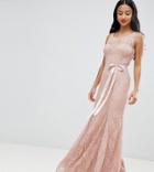 City Goddess Petite Lace Maxi Dress With Satin Belt-pink