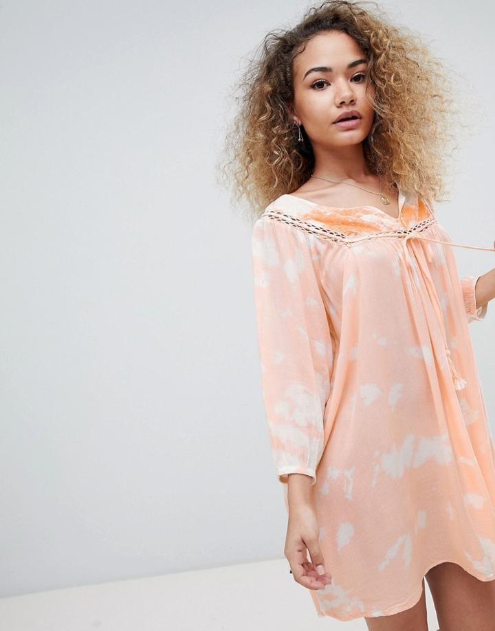 En Creme Long Sleeve Shift Dress With Lace Trim And Velvet Contrast - Orange