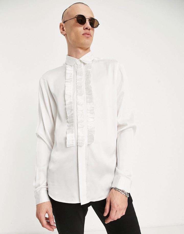 Asos Design Satin Shirt With Pussybow Tie Neck And Blouson Sleeves In 70s Geo Recycled Polyester In Pink - Pink-white