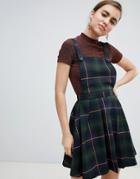 Monki Pleated Mini Check Overall Dress In Navy - Multi