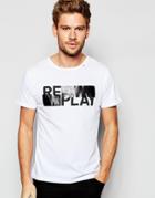 Replay T-shirt Crew Neck Logo Block Print In White - Optical White