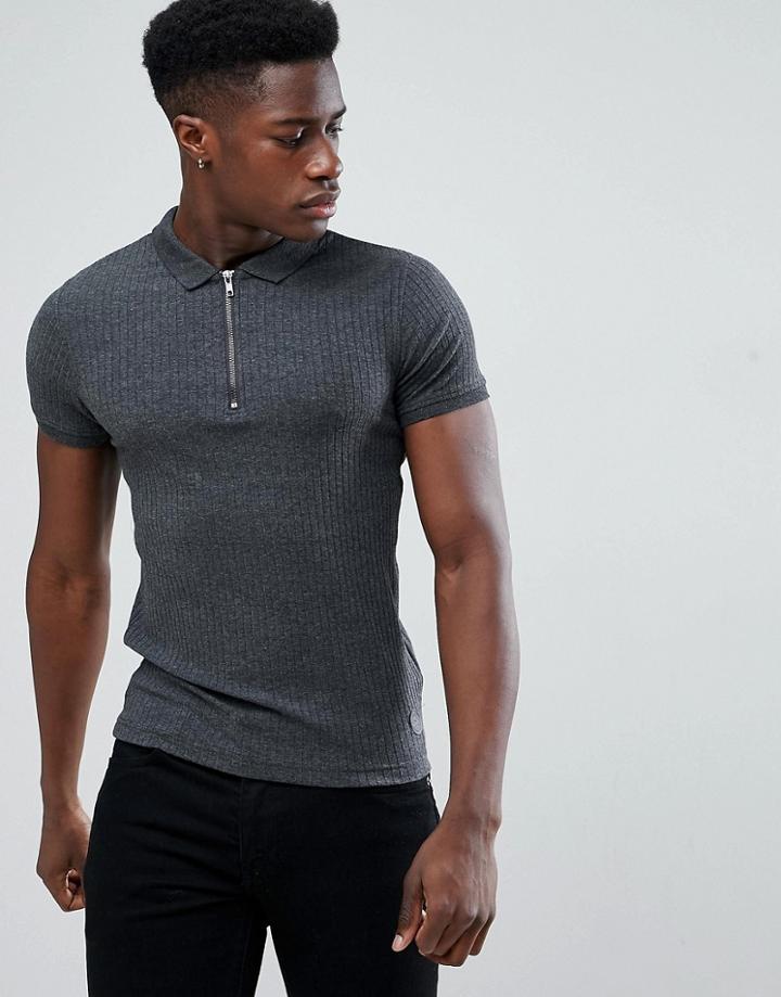 Brave Soul Ribbed Half Zip Polo - Gray