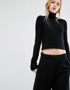 Weekday Mix Rib High Neck Cropped Sweater - Black