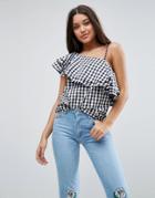 Chorus Gingham Asymmetric Ruffle Shoulder Top - Black