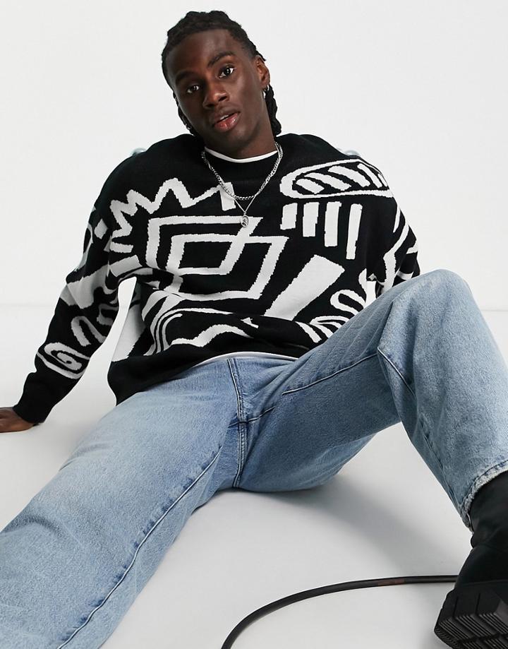 Asos Design Knitted Sweater With Monochrome Geo In Black