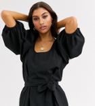 Asos Design Tall Puff Sleeve Top In Textured Fabric - Black