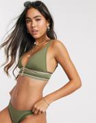 River Island Double Clip And Stripe Bikini Top In Khaki-green