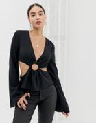 Asos Design Long Sleeve Top With Cut Out And Ring Detail-black