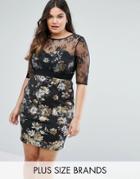 Little Mistress Plus Floral Pencil Dress With Mesh Sleeves - Black