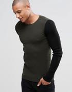 Asos Muscle Fit Crew Neck Jumper With Contrast Sleeves - Khaki And Black