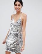 Lasula Cowl Front Sequin Mini Dress In Silver - Silver