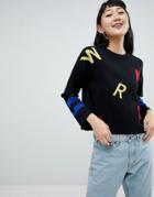 Asos Design Sweater In Alphabet Pattern - Black