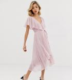 Asos Design Petite Midi Dress With Cape Back And Dipped Hem - Pink