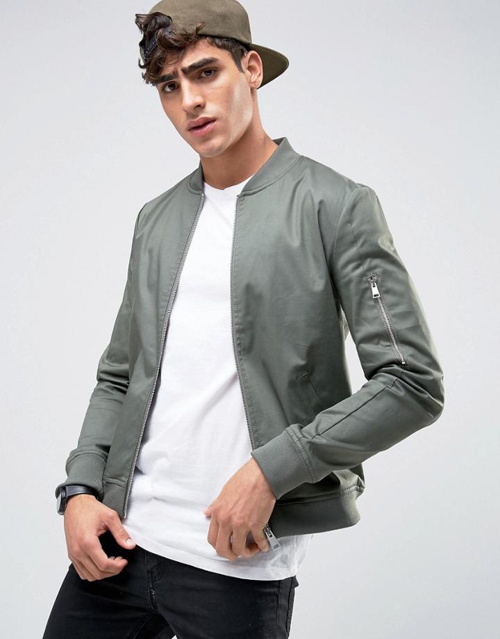 Asos Muscle Fit Bomber Jacket With Sleeve Zip In Khaki - Green