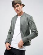 Asos Muscle Fit Bomber Jacket With Sleeve Zip In Khaki - Green
