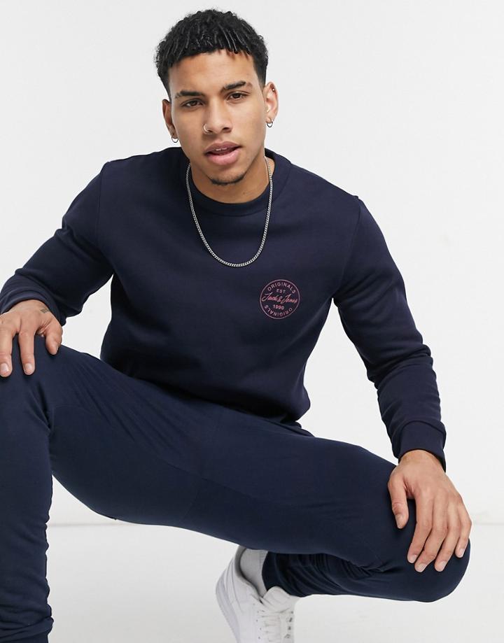 Jack & Jones Originals Sweatshirt With Crew Neck & Small Logo In Navy