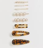 Asos Design Pack Of 8 Hair Clips In Mixed Tortoiseshell And Pearl Designs - Multi