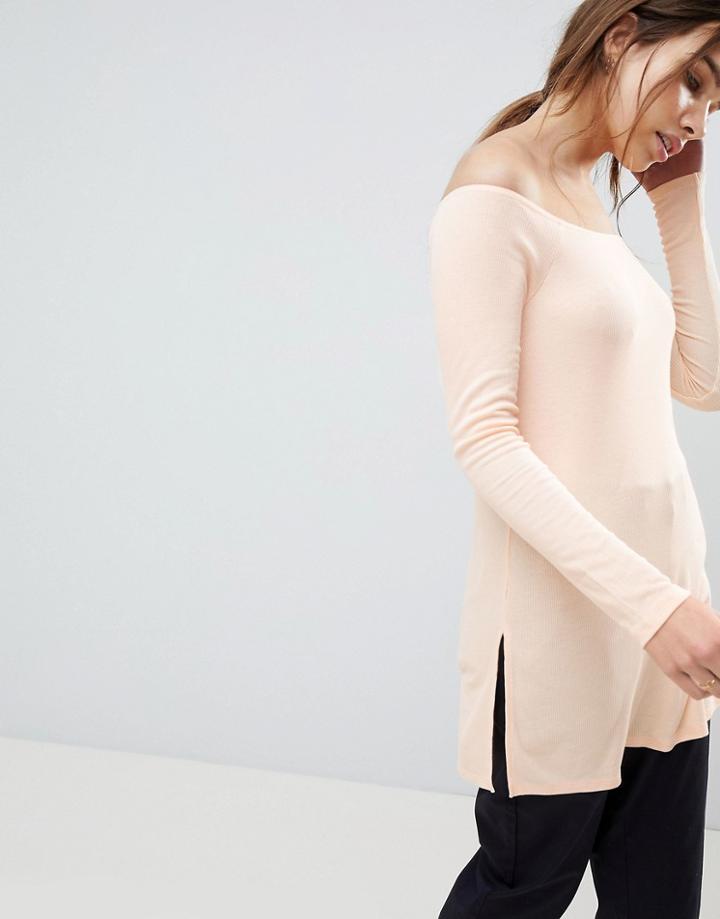 Asos Design Off Shoulder Top In Longline Slouchy Rib - Orange