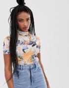 Asos Design Fitted Top In Marble Print With Short Sleeve - Multi
