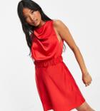 Asos Design Petite Drape High Neck Satin Mini Dress With Scrunchie Belt Detail-red