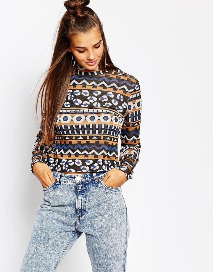 Monki Retro Print High Neck Top - Multi