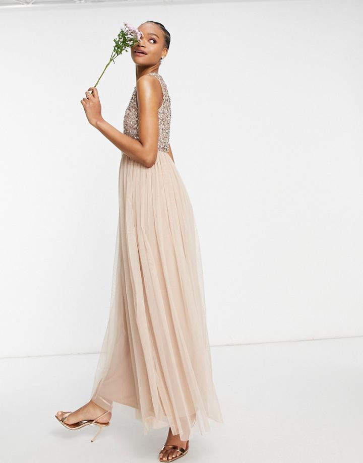 Maya Bridesmaid 2 In 1 Maxi Tulle Dress With Tonal Delicate Sequins In Taupe Blush-pink