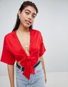 Asos Design Top With Tie Front With Lace Trim - Red