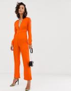 Na-kd Plunging Print V Jumpsuit In Orange - Orange