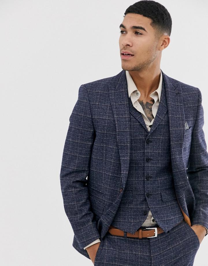 Harry Brown Slim Fit Textured Check Navy Suit Jacket