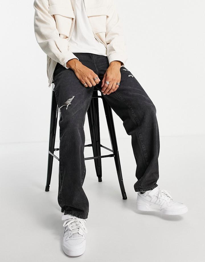 Asos Design Baggy Jeans In Black Wash With Abrasions - Black