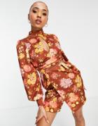 Asos Design 70s Plunge Wrap Waisted Mini Dress In Floral Print-multi